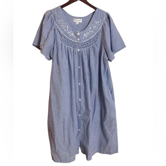 Miss Elaine Seersucker Short Midi Robe Navy Blue White Check Size 2X NEW $54 - Picture 2 of 16